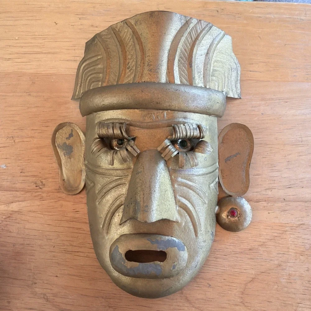 3 VNTG Mexican Tin Metal Masks Beaded Eyes Folk Art Primitive Style Tribal 6